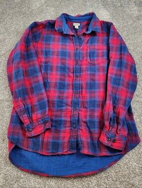 LL Bean Women's Plaid Flannel Shirt Size Large Red Blue
